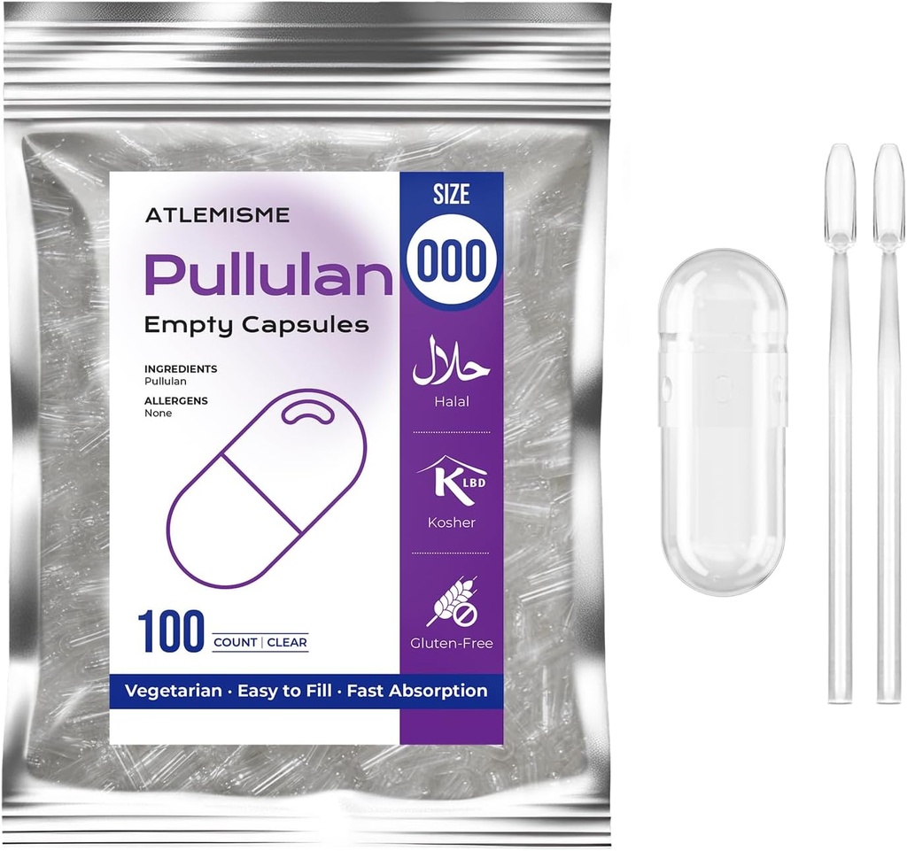 Pullulan Tomme kapsler Størrelse 000 - Veganske kapsler Tomme (100 Greve) Tomme kapsler selv Vegetabilsk Kapsel Fyldning - Veggie Kapsler Tomme kapsler med 2 Micro Lab skeer til Kapsel Fyldning