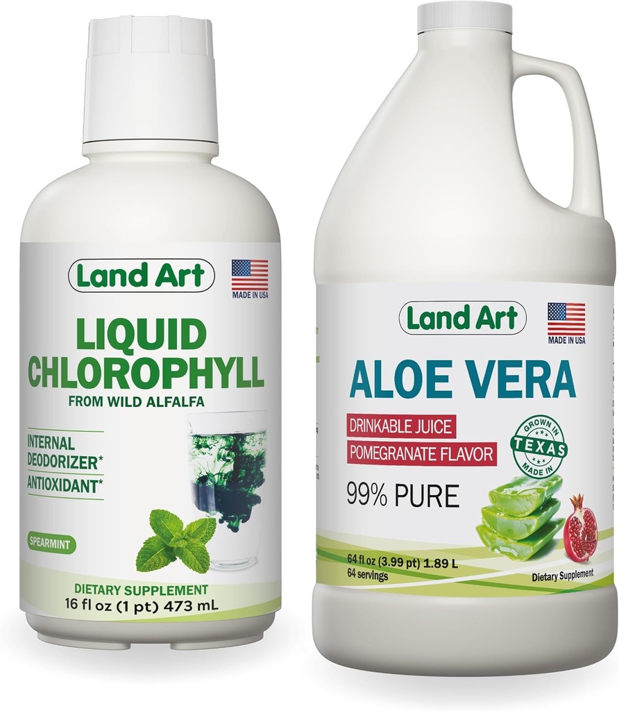 Land Art Aloe Vera Juice - Pomegranat Flavored - Cold Forarbejdede - Indre Filet fra økologiske friske blade - 64floz + flydende chlorophyll Mint Flavored - Cold Extracted from Wild Non- GMO Alfalfa - 16floz