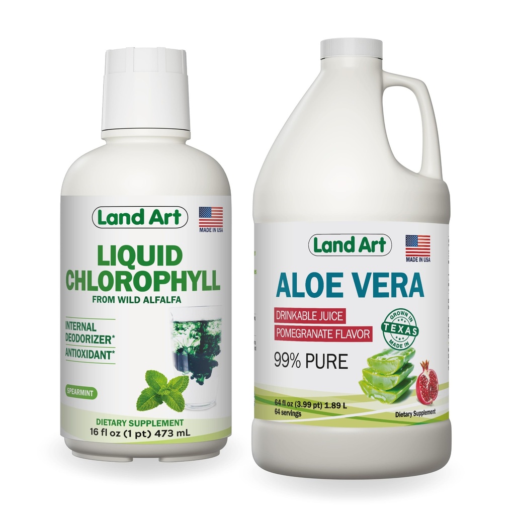 Land Art Aloe Vera Juice - Pomegranat Flavored - Cold Forarbejdede - Indre Filet fra økologiske friske blade - 64floz + flydende chlorophyll Mint Flavored - Cold Extracted from Wild Non- GMO Alfalfa - 16floz