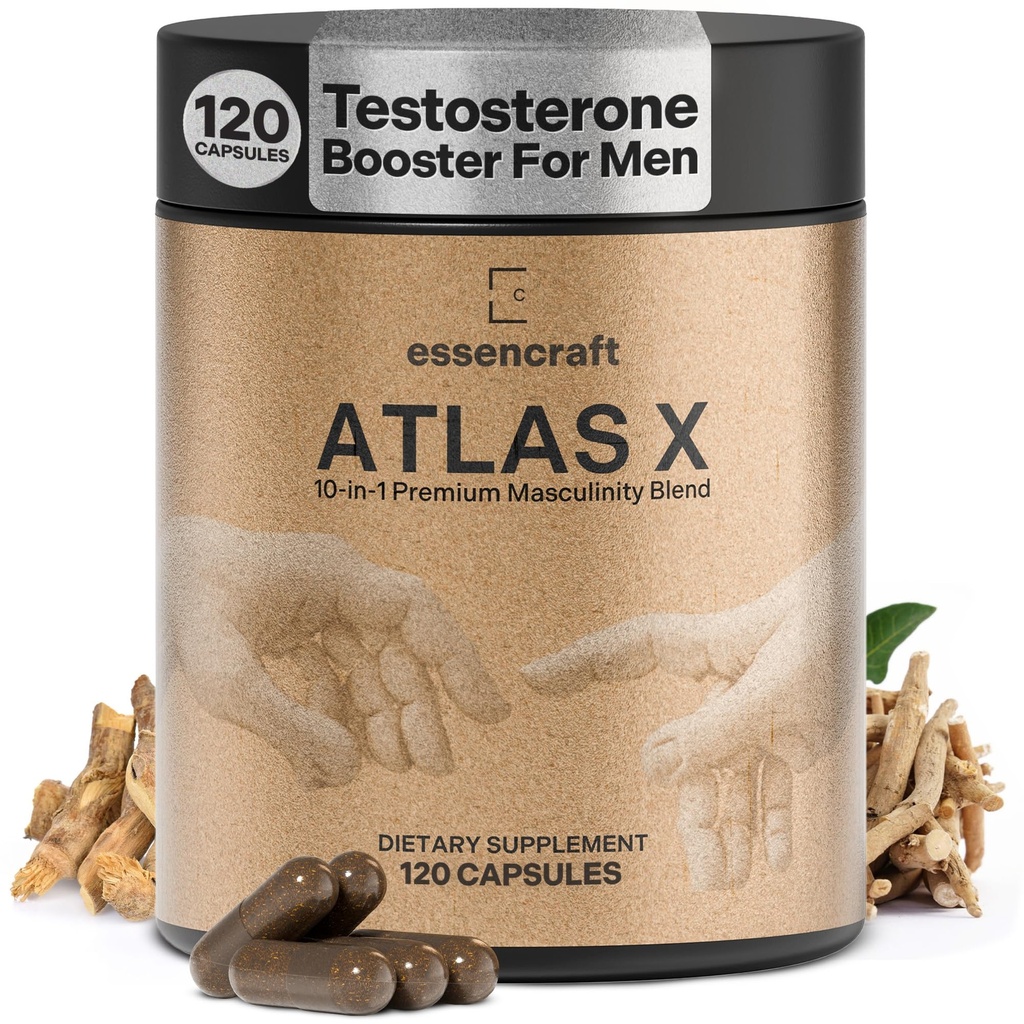 ATLAS X 10- in-1 Maskulinitet Maximizer Supplement for mænd - Energi, Styrke & Vitality Kapsler med Shilajit, Ashwagandha, Zink, Safed Musli, Tongkat Ali, Black Maca, Fadogia Agrestis, 2 Måned Supply