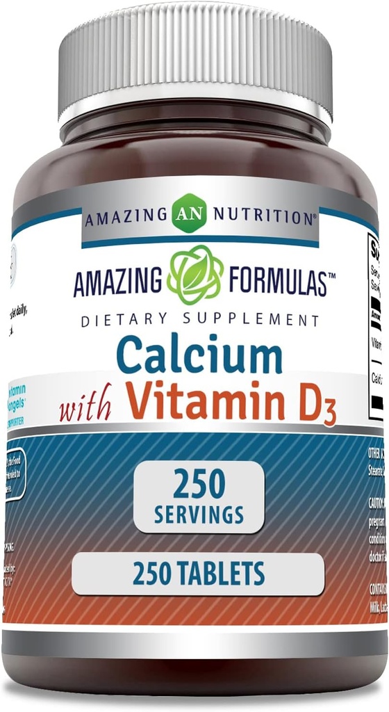 Amazing Formulas Calcium med D3- vitamin Supplement Note 124; Tabletterne er 124; Non- GMO 'er er 124; Gluten- fri er 124; Fremstillet i USA (1 pakke, 250 Tæl)