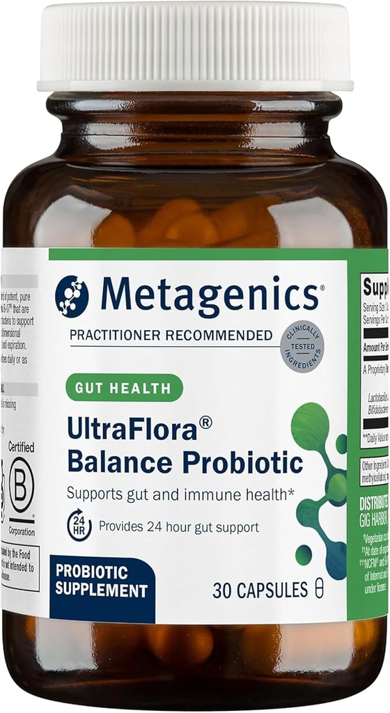 Metagenics UltraFlora Balance Probiotic - Shelf- Stable Daily Gut Health Supplement for fordøjelse og immunforsvar * - Non-GMO & Gluten- Free - 30 kapsler