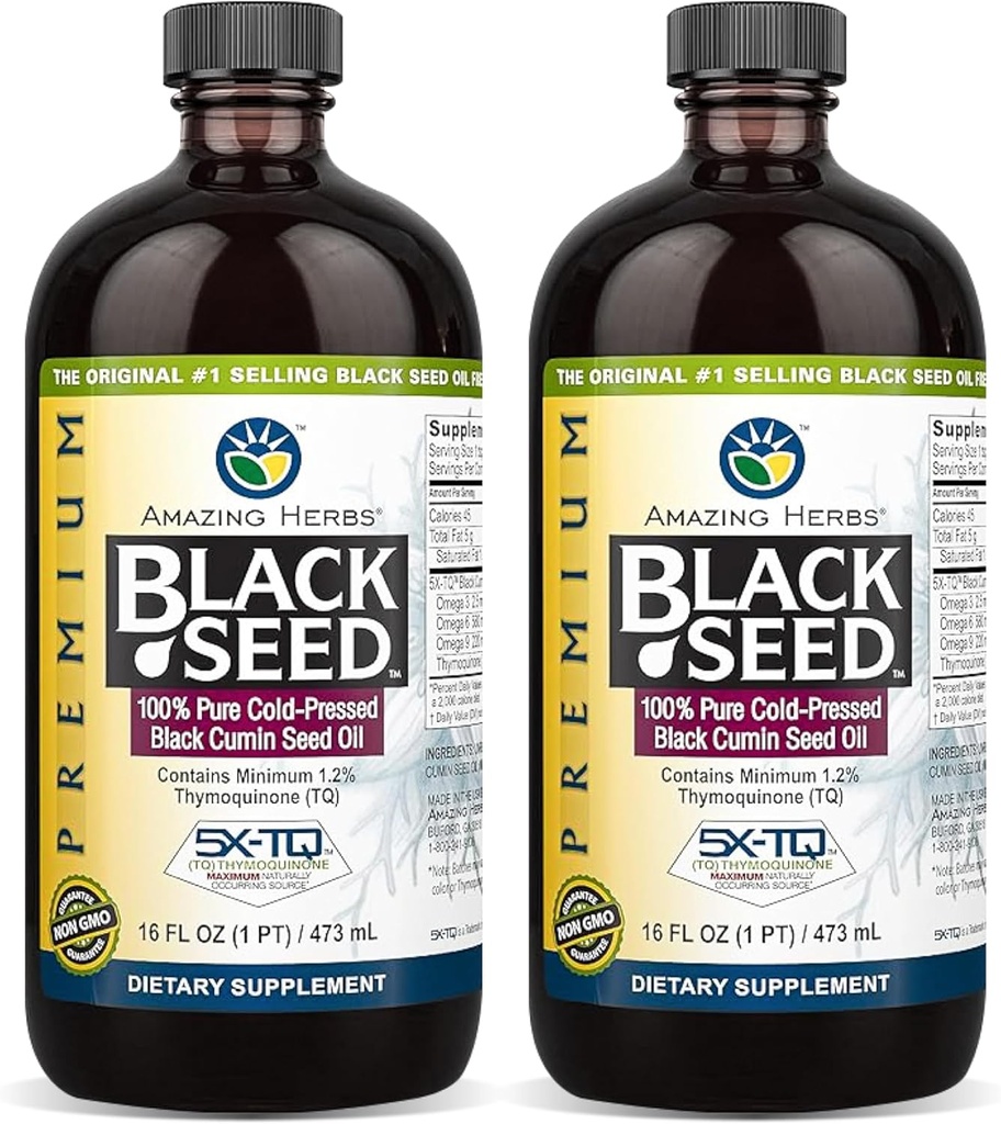 Amazing Herbs Premium Black Seed Oil - Gluten Free, Non GMO, Cold Pressed Nigella Sativa aids i fordøjelsessygdomme, immunforsvar, hjernefunktion - 16 Fl Oz (Pack of 2)