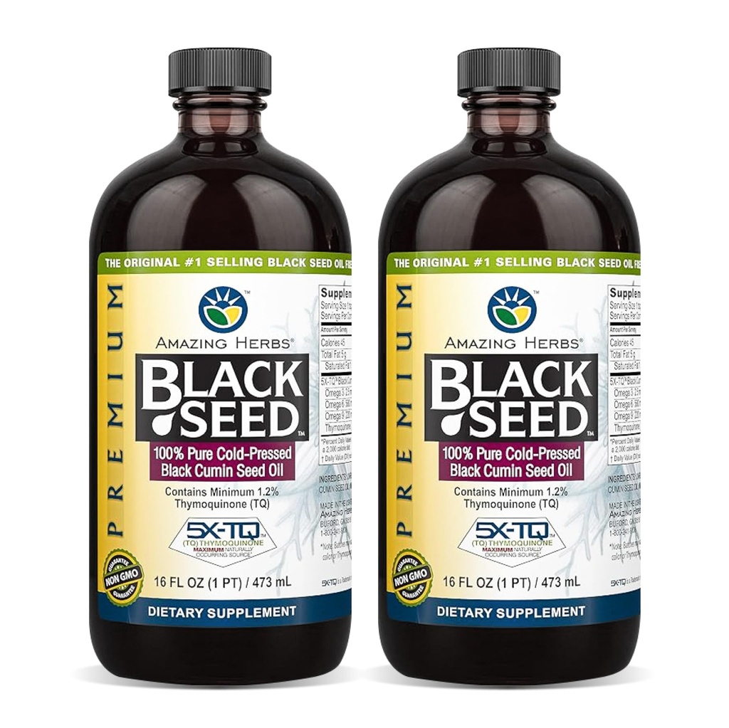 Amazing Herbs Premium Black Seed Oil - Gluten Free, Non GMO, Cold Pressed Nigella Sativa aids i fordøjelsessygdomme, immunforsvar, hjernefunktion - 16 Fl Oz (Pack of 2)