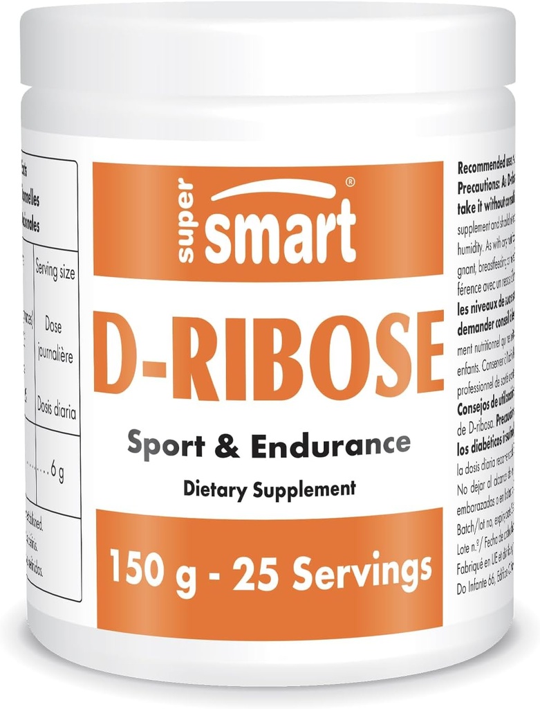Supersmart - D- Ribose Powder (Natural Sugar) 6gm per dag - ATP Syntese & Production - Universal Fuel for Energy - 124; Non- GMO & Gluten Free - 150 g