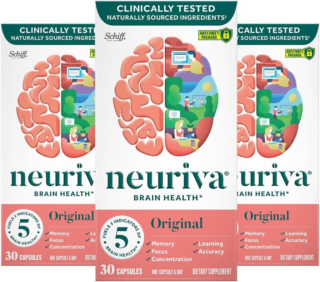 NEURIVA Original Brain Supplement for Memory, Focus & Concentration + Learning & Nøjagtighed med klinisk testet Nootropics Phosphatidylserin og Neurofaktor, Koffein Free, 30 Kapsler (3 Pack)