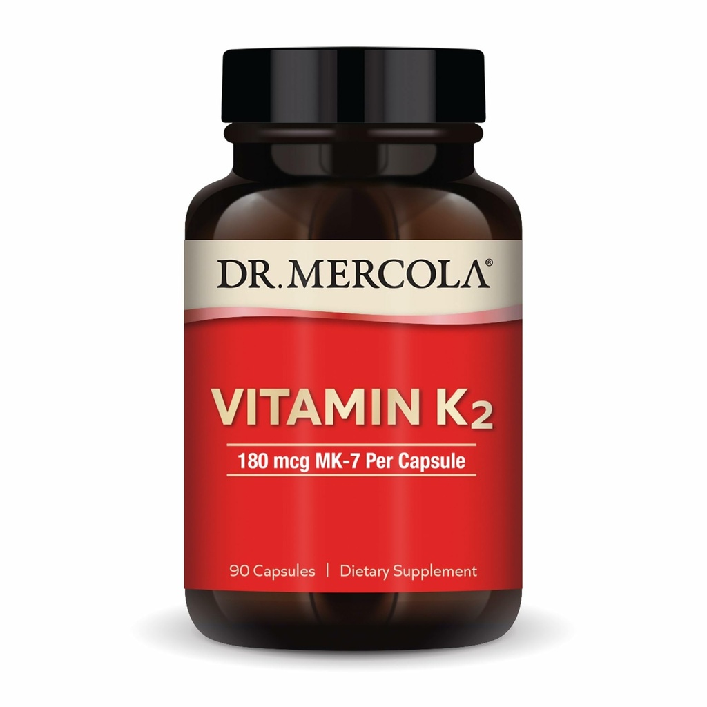 Dr. Mercola Vitamin K2- 180 mcg Vitamin K2 som MK- 7 - Understøtter sund arteriel funktion & hjerte sundhed - Non- GMO, Gluten- Free & Dairy- Free - 90 kapsler (90 Servere)