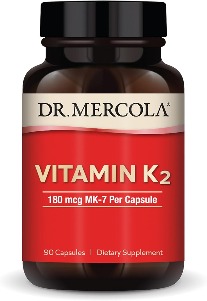 Dr. Mercola Vitamin K2- 180 mcg Vitamin K2 som MK- 7 - Understøtter sund arteriel funktion & hjerte sundhed - Non- GMO, Gluten- Free & Dairy- Free - 90 kapsler (90 Servere)