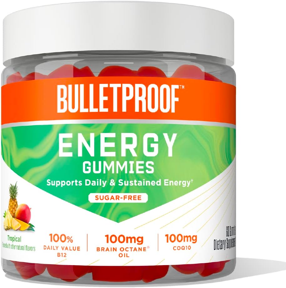 Bulletproof Sugar- Free Tropical Energy Gummies, 60 Greve, Supplement til daglig & Vedvarende energi med 100mg CoQ10, Daglig værdi af B12, 100mg Brain Octane Oil