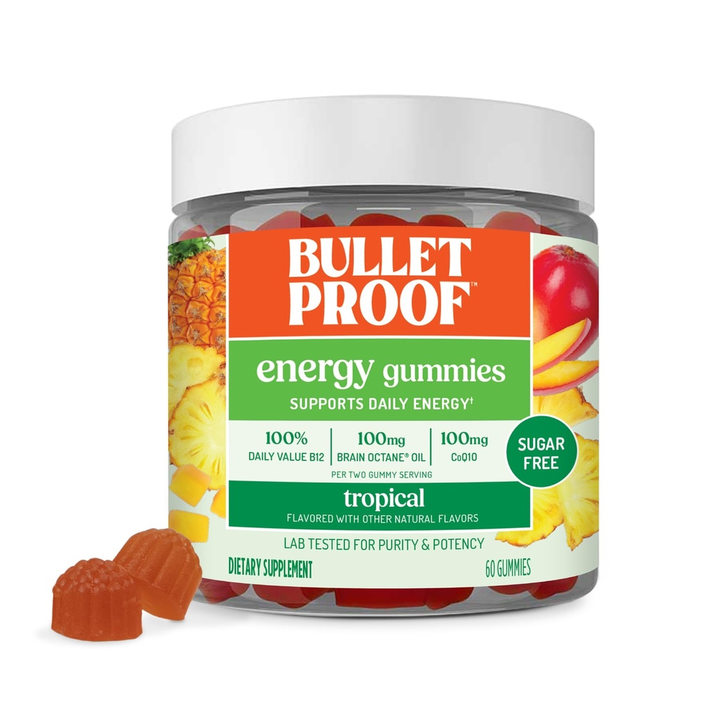 Bulletproof Sugar- Free Tropical Energy Gummies, 60 Greve, Supplement til daglig & Vedvarende energi med 100mg CoQ10, Daglig værdi af B12, 100mg Brain Octane Oil