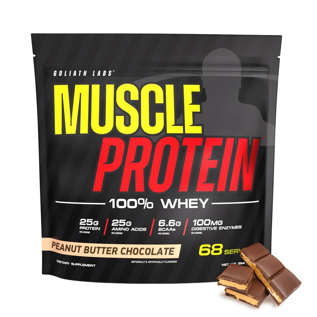 COLOSSAL LABS Muscle Protein Whey Powder [5 lbs / pakke med 1] - Cold Filtered, 25g Pure Protein, 6.6g BCAA (Packaging May Vary) (5 pund (pakke med 1), Peanut Butter Chocolate)
