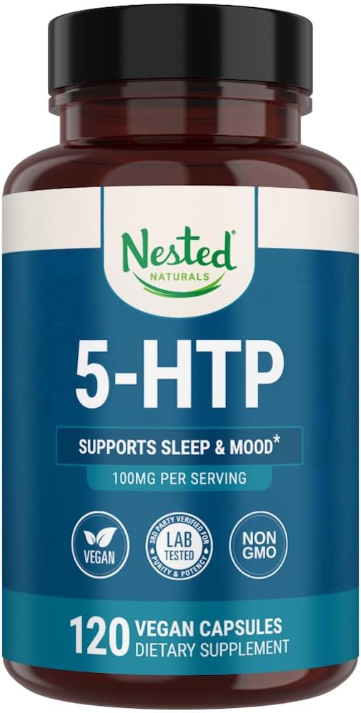 Nested Naturals 5- HTP 100 mg (5- hydroxytryptophan) - Sleep and Mood Support - 5htp supplement til naturligt sourced serotonin - 120 Non- GMO, Vegan kapsler