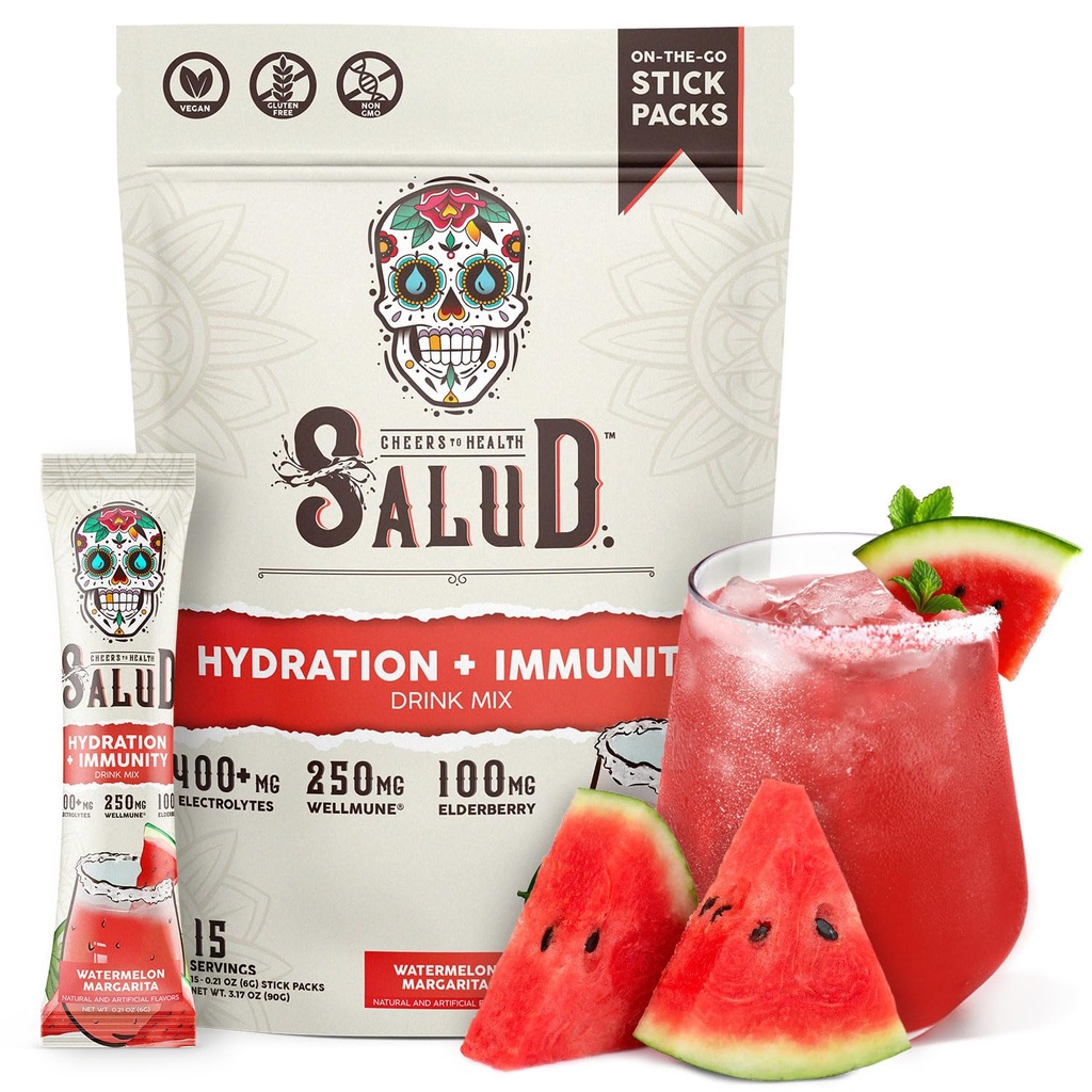 Salud 2-in-1 Hydration og Immunity Electrolytes Powder, Watermelon Margarita - 15 Servere, Agua Fresca Drink Mix, Elderberry, Dairy & Soy Free, Non- GMO, Gluten Free, Vegan, Low Calorie, 1G Sukker