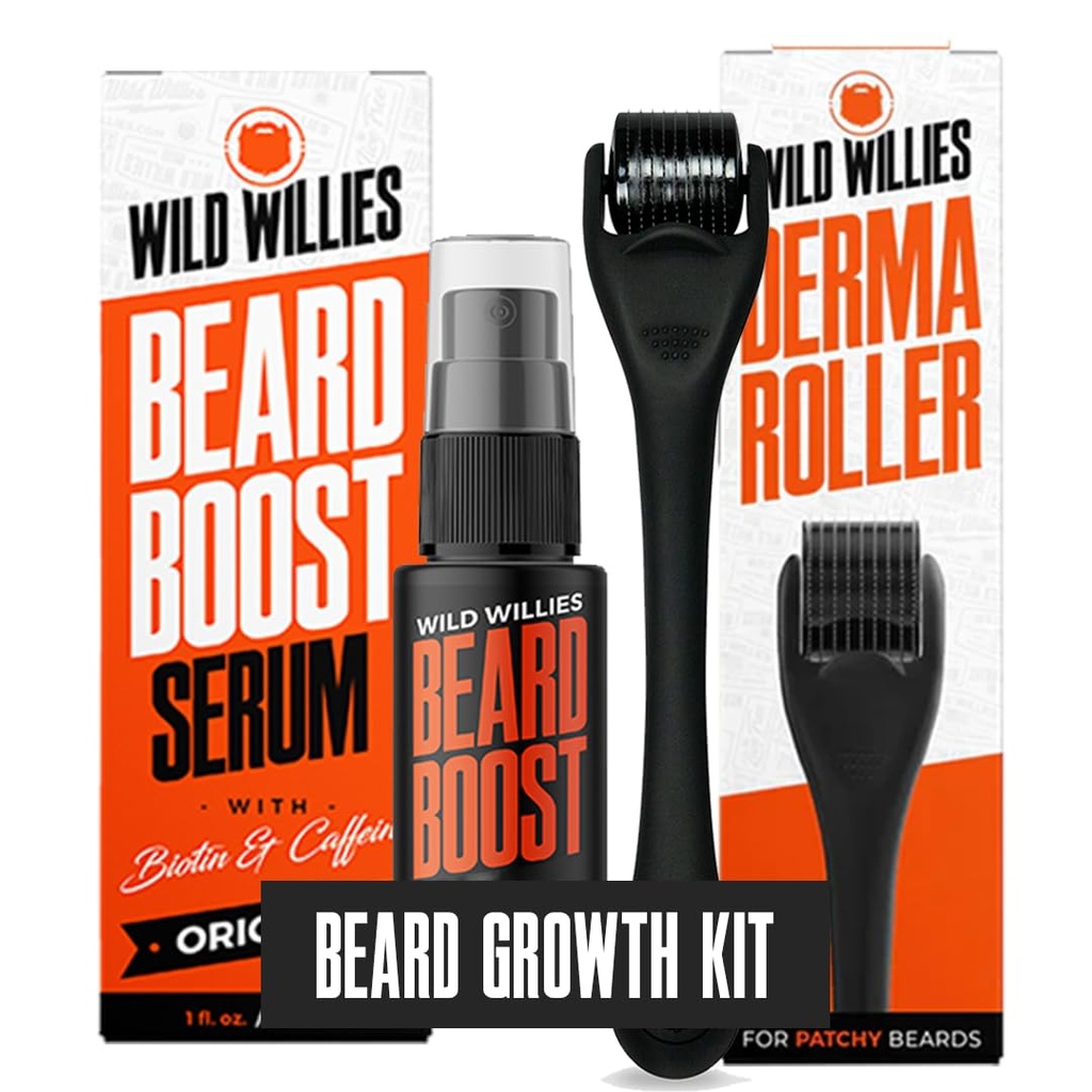 Wild Willies Beard Growth Kit - Premium Derma Roller & Beard Boost Serum - Mikroneedle Roller & Beard Hårvækst Serum med biotin & koffein til Fuller Beard, Scalp Care - Let at bruge Kit med sag