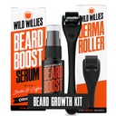 Wild Willies Beard Growth Kit - Premium Derma Roller & Beard Boost Serum - Mikroneedle Roller & Beard Hårvækst Serum med biotin & koffein til Fuller Beard, Scalp Care - Let at bruge Kit med sag