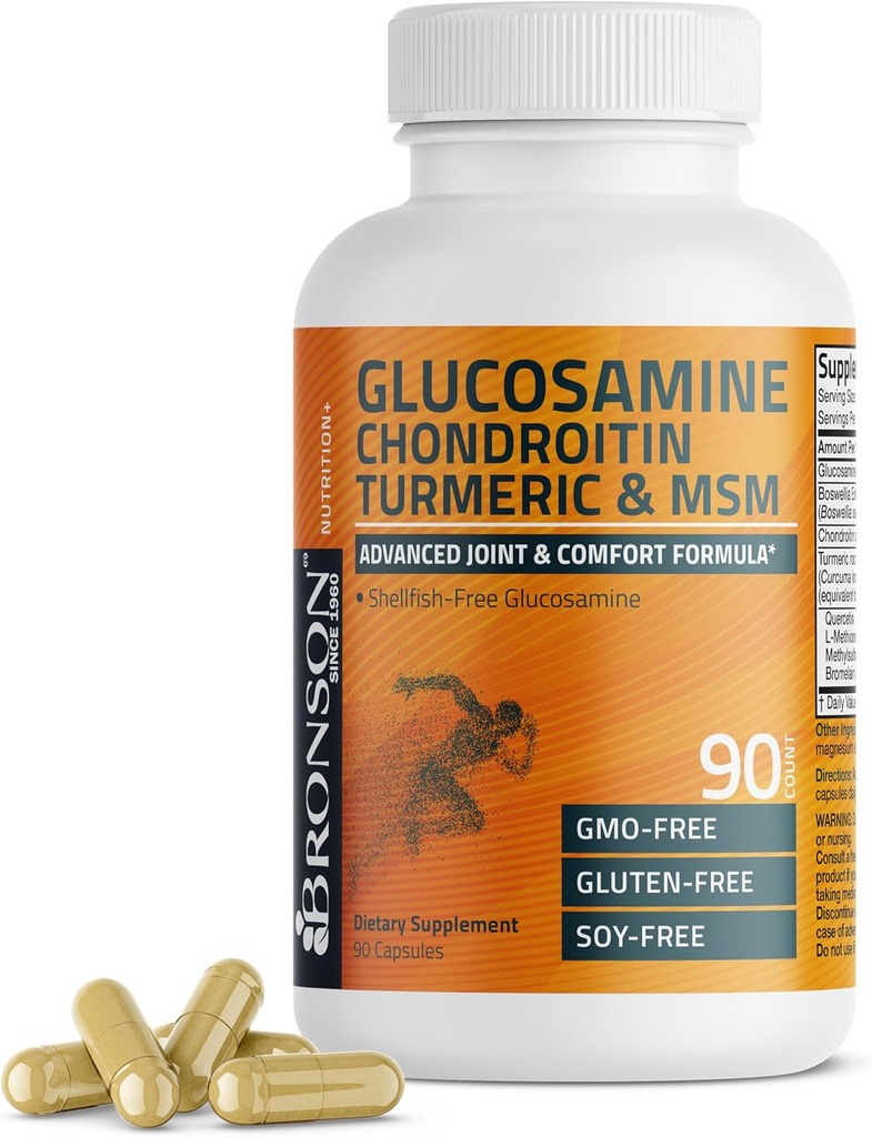 Bronson Glucosamine Chondroitin Gurkemeje & MSM Advanced Joint & Cartiage Formel, understøtter sunde Joints, Mobilitet & Cartiage - Non- GMO, 90 Kapsler