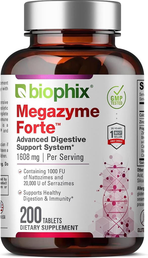 biophix Megazyme Forte 200 Tablets - Natural Plant Proteolytic Enzymes Nattozimes Serrazimes Understøtter fordøjelsessystemet immunsundhed