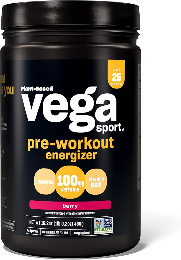 Vega Sport Energizer, Acai Berry, Pre Workout Powder for kvinder og mænd, Understøtter energi og fokus, Electrolytes, Vegan, Keto, Gluten Free, Dairy Free, Non GMO (25 Servere), 1.01 Pound (pakke med 1)