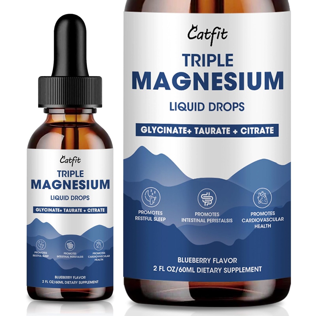 Magnesium Glycinat Flydende dråber med Taurat & Citrat, Magnesiumtillæg for søvn, rolig & afslapning, med kalium & Omega-3, høj Absorptionsformel, blåbær flavor, 2 Fl Oz