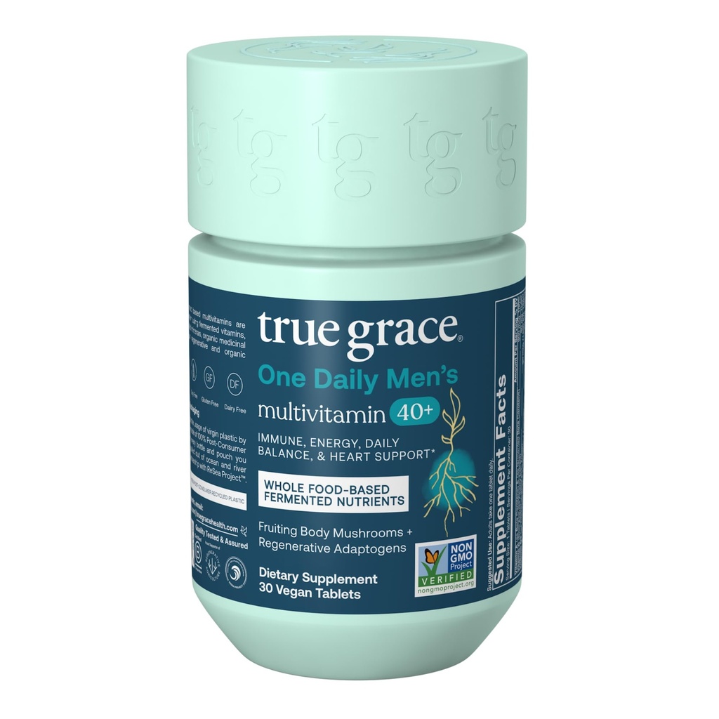True Grace Mænds 40 + en daglig multivitamin gæret mineral, Organic Adaptogens & Champignons Whole Body Balance Immun, Endurance, Bone & Heart Support - Non- GMO - 30 Veganske tabletter