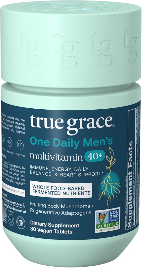 True Grace Mænds 40 + en daglig multivitamin gæret mineral, Organic Adaptogens & Champignons Whole Body Balance Immun, Endurance, Bone & Heart Support - Non- GMO - 30 Veganske tabletter