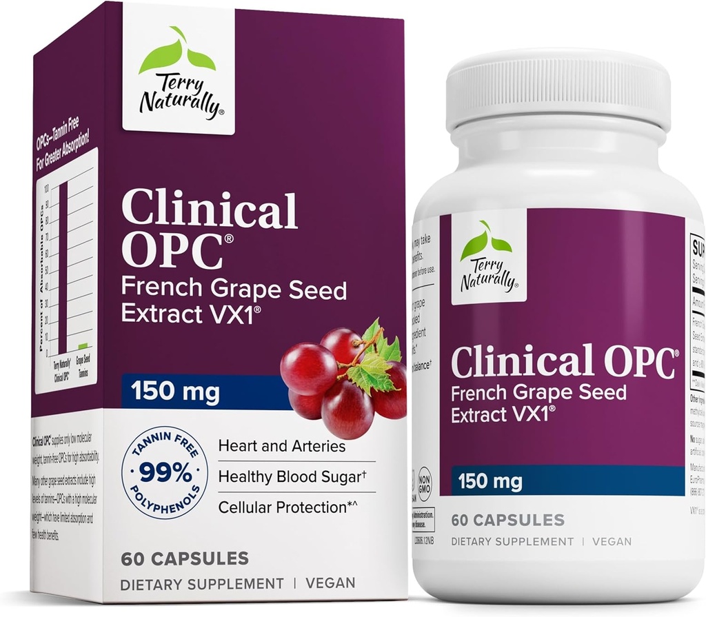 Terry naturligt klinisk OPC - cardiovaskulær Health & Focus Support - Kosttilskud med Grape Seed Extract & Sunflower Lecithin - immunsupport Supplement - 150 mg, 60 Softgels