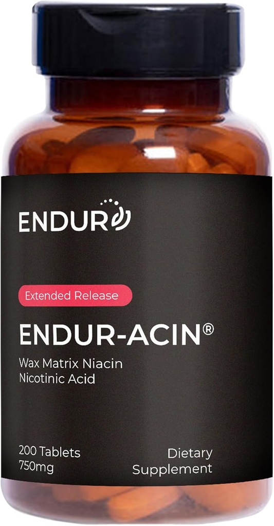 ENDUR- ACIN Niacin, Heart Health & Sund Cholesterol Balance Supplement, Extended Release for Optimal Absorption, Gluten Free, 750mg (200 tabletter)