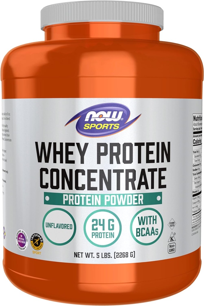 NOW Foods Sports Nutrition, Whey Protein Concentrate, 24 G With BCAAs, Unflavored Powder, 5-Pound