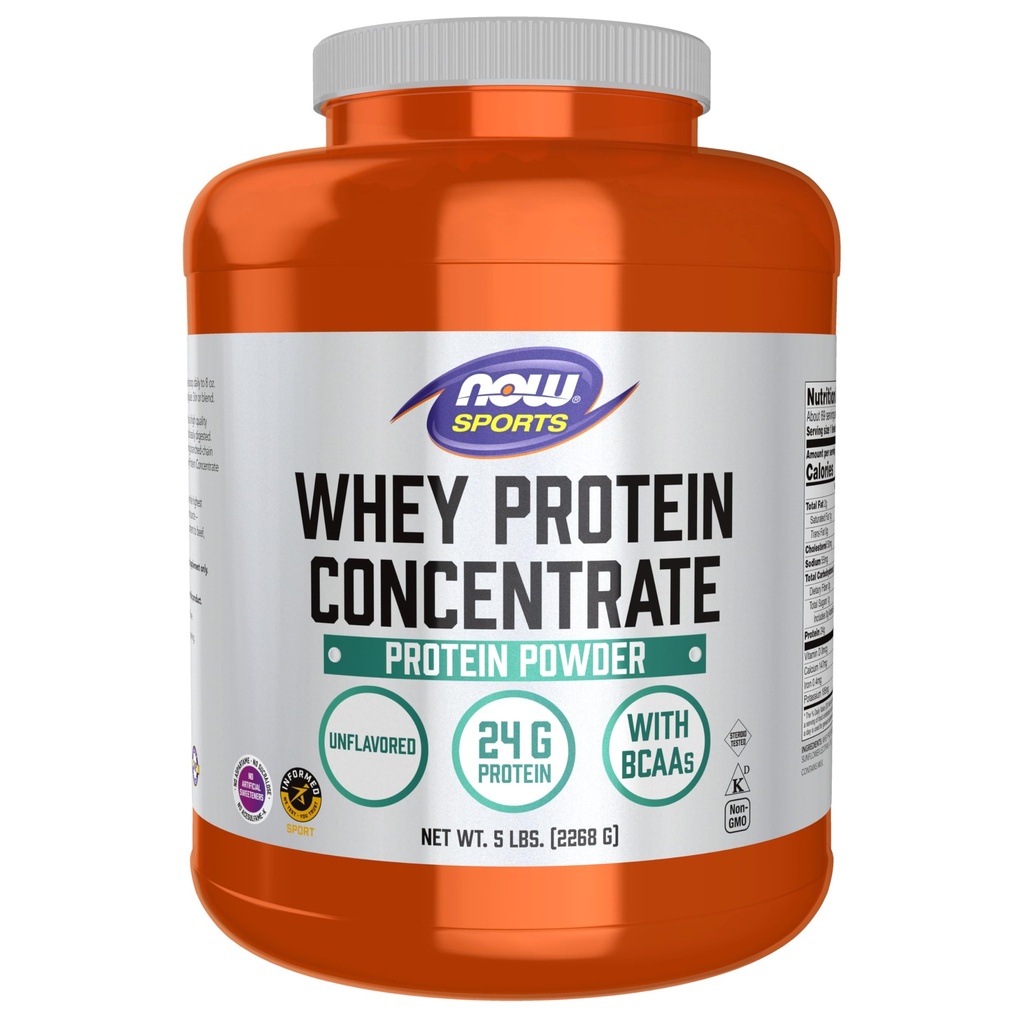 Now Foods Sports Nutrition, Whey Protein Koncentrat, 24 G Med BCAA, Unflavored Powder, 5- Pound
