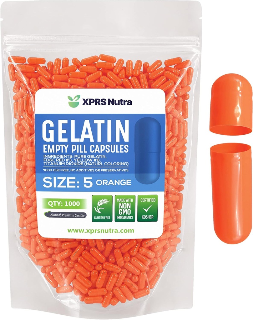 XPRS Nutra Størrelse 5 Tomme kapsler - 1000 Tomme meget små Tomme Gelatine kapsler - Piller gør det selv Capsule Fyldning - Fyldelige Pille Gel Caps til Do- It- Yourself Vitamin Kosttilskud (Orange)