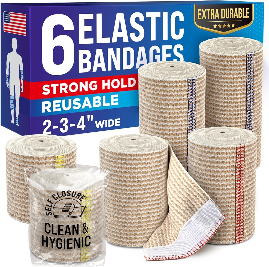 High- Performance Elastisk Bandage Wrap - 6 Pack (2x2in, 2x3in, 2x4in) - Selv- Lukkende stærk kompression Bandage Wrap til Feet, Ankler, håndled, og Knees