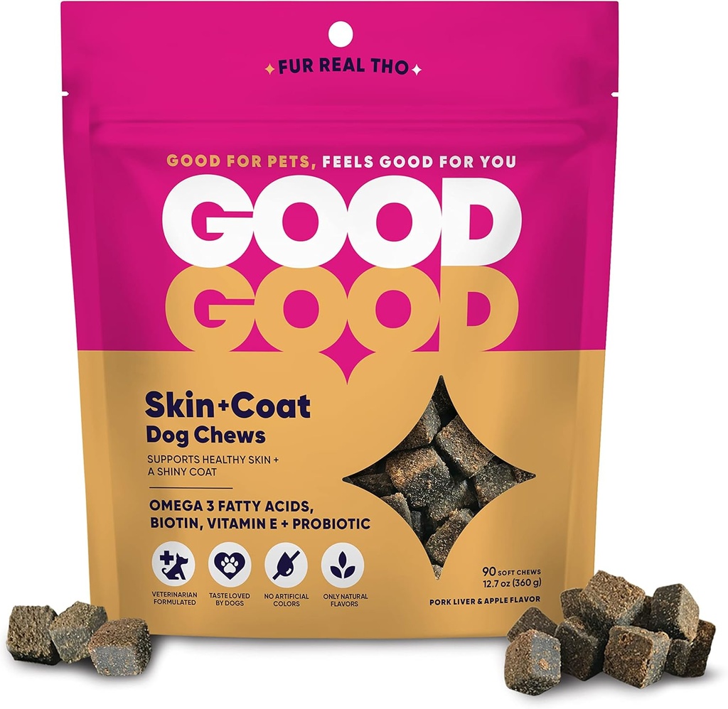 GoodGood Skin + Coat Dog Kosttilskud; understøtter sund hud og en skinnende Coat; Chewable Soft Treats med Omega-3 Fedtsyrer, og E-vitamin; Probiotika; 90 Natural Flavor Chews
