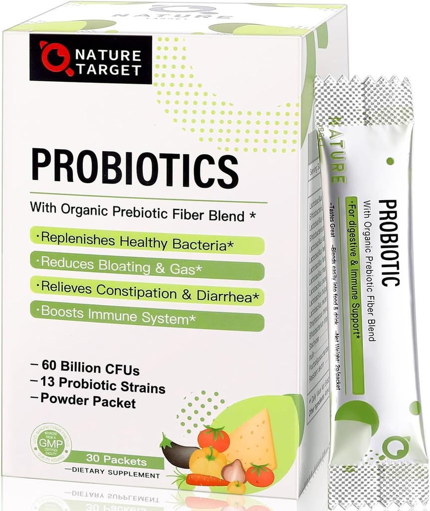 NATUR TARGET Probiotika til Women- Men- Kids Probiotiske Pulver 60 Millioner CFU 'er 13 Strops - Prebiotika og Probiotika til fordøjelsessygdomme, Hylde Stabil, Non- GMO, Gluten Free 30 Pakker