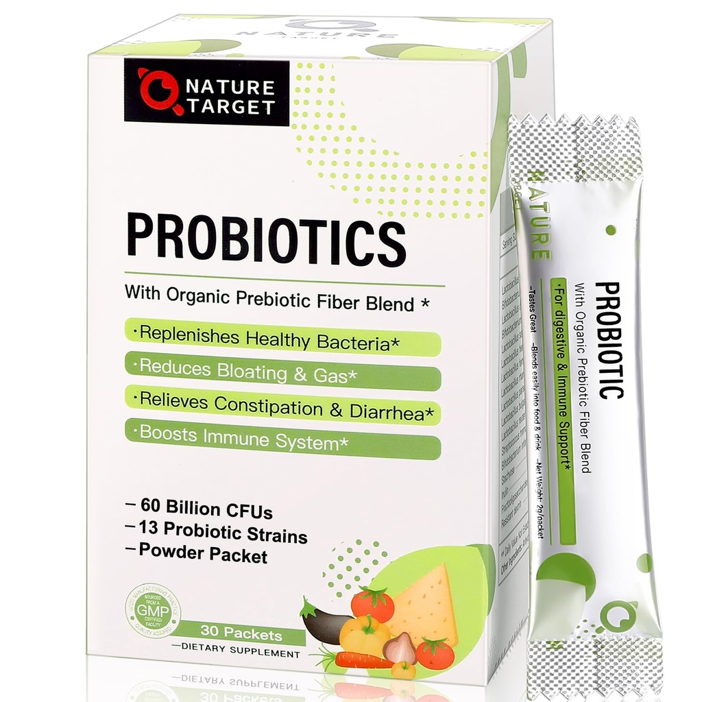 NATUR TARGET Probiotika til Women- Men- Kids Probiotiske Pulver 60 Millioner CFU 'er 13 Strops - Prebiotika og Probiotika til fordøjelsessygdomme, Hylde Stabil, Non- GMO, Gluten Free 30 Pakker