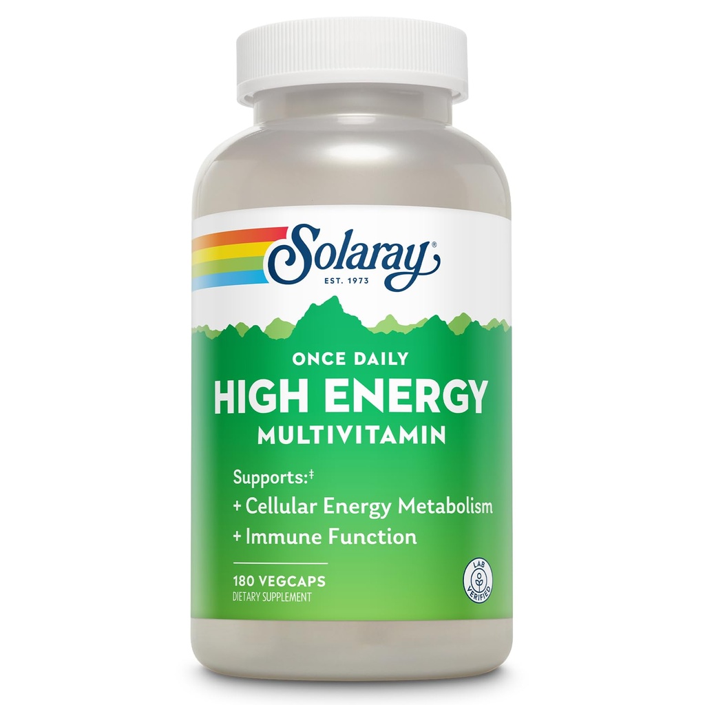 SOLARAY Én gang Daglig High Energy Multivitamin for kvinder og mænd - Energitilskud - Immunstøtte w / C-vitamin, A, D og E, B-vitamin Complex, Trace Minerals, 60-dages garanti, 180 Serv, 180 VegCaps
