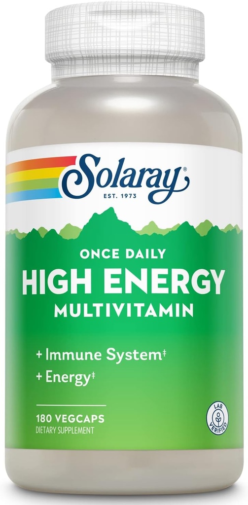 SOLARAY Én gang Daglig High Energy Multivitamin for kvinder og mænd - Energitilskud - Immunstøtte w / C-vitamin, A, D og E, B-vitamin Complex, Trace Minerals, 60-dages garanti, 180 Serv, 180 VegCaps