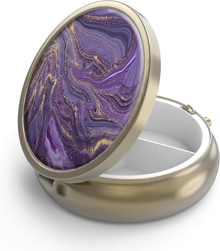 Pill Case Pill Box med spejl Retro 3 Segment Lille Pill Case til purse eller Pocket Bronze Lille Roud Pill Box eller Vitaminer, Fiskeolie, Kosttilskud, Pill Containe Rejse Gaver Guld Marmor