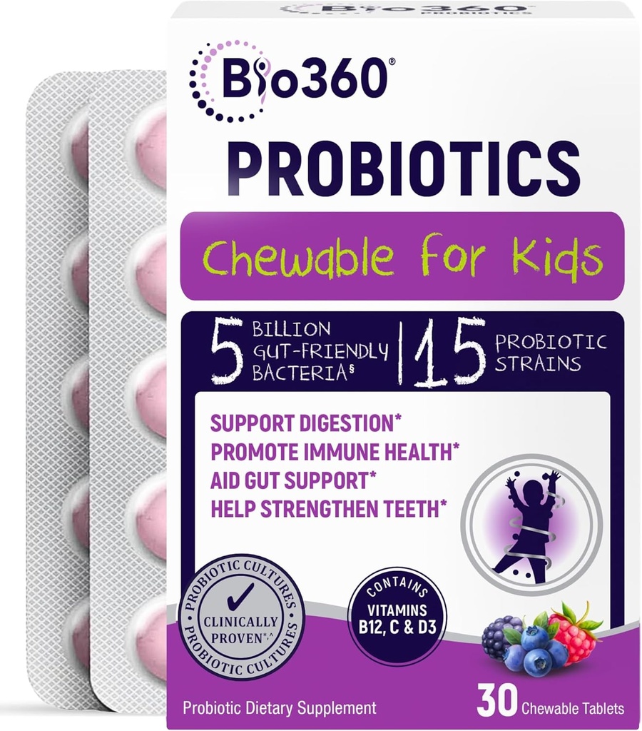 Bio360 Probiotika til børn - 15 Stammer & 5 Millioner CFU støtter hjerne, immunforsvar og fordøjelsessygdomme - Kids Probiotiske Chewable med økologiske Prebiotika til Gut & Forstoppelse, blandet berry flavor, 30 Greve
