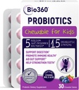 Bio360 Probiotika til børn - 15 Stammer & 5 Millioner CFU støtter hjerne, immunforsvar og fordøjelsessygdomme - Kids Probiotiske Chewable med økologiske Prebiotika til Gut & Forstoppelse, blandet berry flavor, 30 Greve