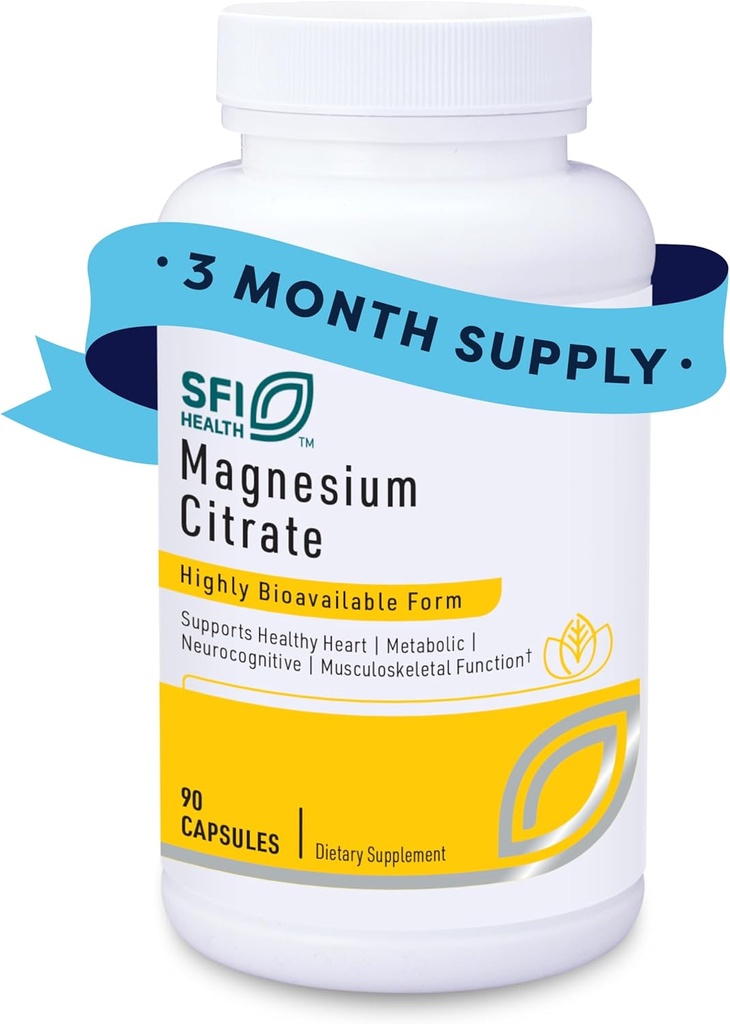 Klaire Labs SFI Health Magnesium Citrate Supplement - Meget biotilgængelig Magnesium Mineral Kosttilskud til sund energi, muskler, nerver, knogler & kognition (90 kapsler)