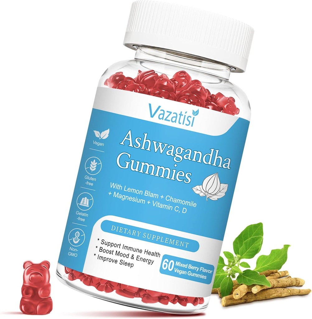 Sugar Free Ashwagandha Gummies for Women Mænd, Organic Ashwa Root Extract Supplement for Relax Restore Balance, Vegan Gluten Free, 60 Greve