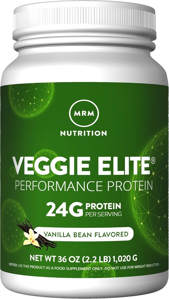 MRM Nutrition Veggie Elite Performance Protein124; Vanilla Bean Flavored • 124; Plantbaseret Protein124; Let at Digest • 124; med BCAAs • 124; Vegan + Gluten- Free • 124; Klinisk Testede • 124; fordøjelsesenzymer • 124; 30 Servering