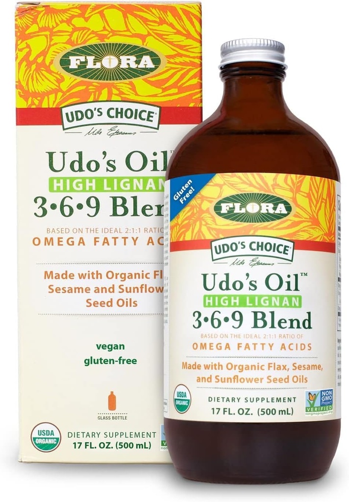 Flora - Udo 's Choice High- Lignan 369 Omega Oil Blend, Udo' s Oil Balanced 2: 1: 1 Ratio af Omega Fedtsyrer, Lavet med Økologisk Hør, Sesame & Sunflower Seed Olies, 17-oz. Glasflaske