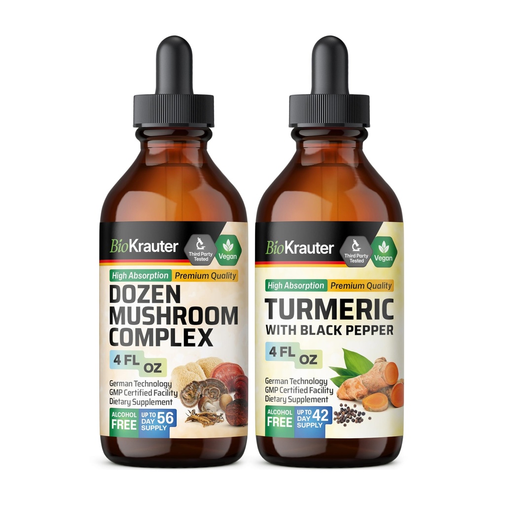 Dozen Mushroom Tinktur 4 Fl. Oz. & Gurkemeje Tinktur 4 Fl. Oz.