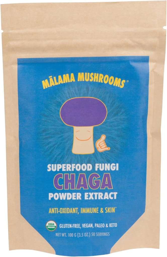 Chaga Extract Powder by Malama, Organic Fruiting Body Chaga Mushroom Powder, Superfood Adaptogen, Understøtter immunsystem, Hud Sundhed, og Træthed, 100 Servere