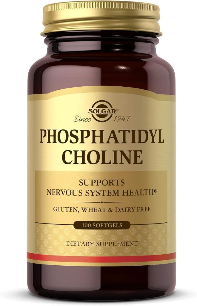 Solgar Phosphatidylcholin, 100 Softgel - Fremme sund kognitiv funktion - Afledt fra Lecithin - Indeholder cholin for Neurotransmitter Acetylcholin - Gluten Free, Dairy Free - 50 Servere