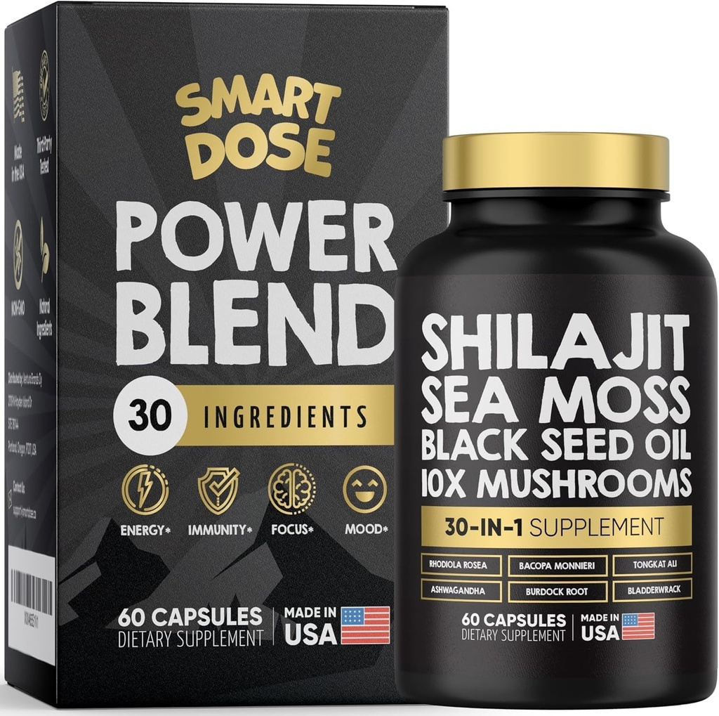 Power Blend Capsules - 30-in-1 Supplement Bundle med Shilajit 6000mg, Sea Moss 4000mg, Black Seed Oil 4000mg, Ashwagandha 2000mg, 10x svampe, Tongkat Ali, Maca, Holistiske piller Combo