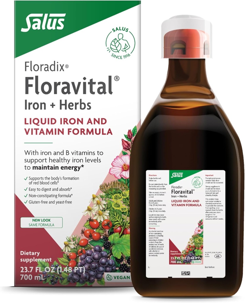 Floradix Floravital Liquid Iron & Vitamin Formel - Flydende Iron Supplement med C & B Vitamin & Urter til energistøtte - Vegan, Gluten- Free, Yeast- Free & Non- GMO - 23.7 Fl Oz