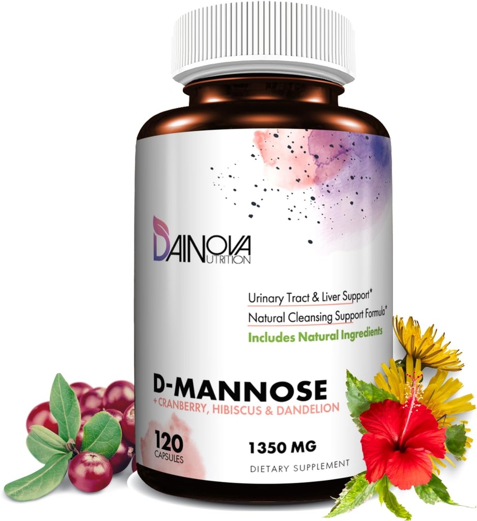 Dainova D Mannose 1350mg med Cranberry I D- Mannose Capsules for UTI Prevention, Urinary Tract Support, Urinary Tract Health for Women, & Cleanse. W / Hibiscus & Mælkebøtte, 120 Veggie Kapsler