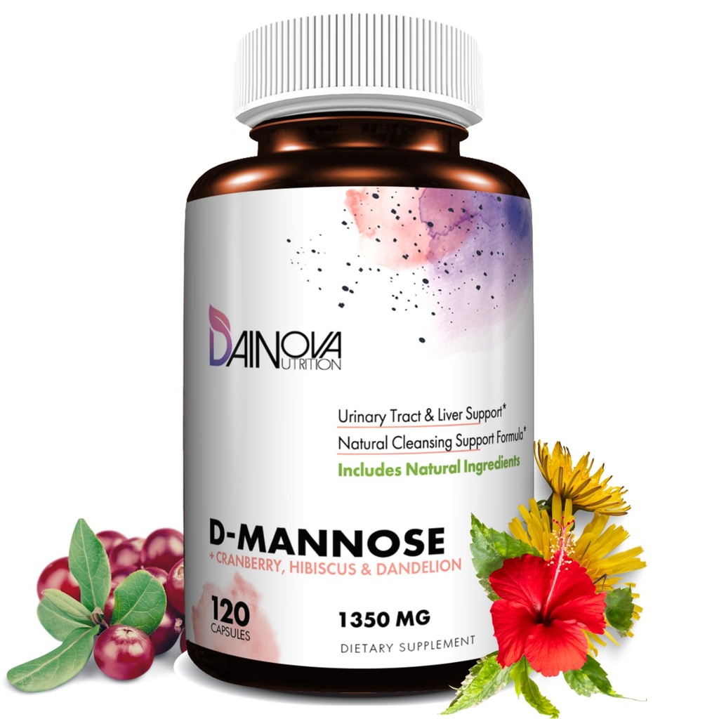 Dainova D Mannose 1350mg med Cranberry I D- Mannose Capsules for UTI Prevention, Urinary Tract Support, Urinary Tract Health for Women, & Cleanse. W / Hibiscus & Mælkebøtte, 120 Veggie Kapsler